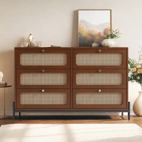 Bay Isle Home™ Waples Rattan Dresser for Bedroom, Wood 6 Drawers Dresser with Metal Leg and Knob & Reviews | Wayfair Rattan Dresser, Rattan Wood, Dresser For Bedroom, Wood Storage Cabinets, Entryway Storage, Drawer Design, Wood Dresser, Bedroom Furniture Dresser, Wood Bedroom