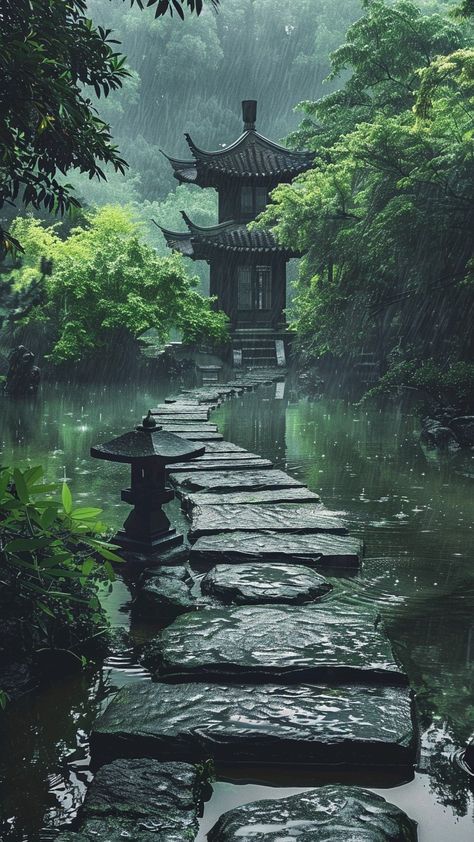 Japan Rain Aesthetic, Japanese Nature Aesthetic, Chinese Nature, Japanese Water Garden, Ancient China Aesthetic, Chinese Scenery, Japanese Scenery, Japanese Forest, Asian Landscape