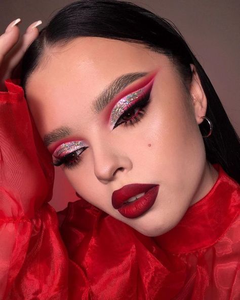 Red Rave Makeup Ideas, Silver Eye Red Lip, Red And Silver Eyeshadow Looks, Red Soft Glam Makeup, Red Silver Makeup, Red Cut Crease Eyeshadow, Red And Silver Makeup, Red Eye Shadow Looks, Bold Red Makeup