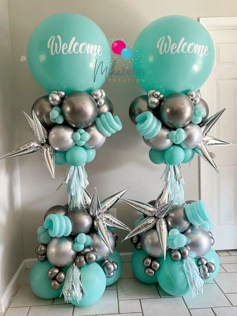 Chrome Balloons Decorations, Balloon Goal Post, Crazy Balloon Columns, Crazy Balloon Tower, Unique Balloon Columns, Sports Balloon Columns, Column Balloon Design, Hole In One Balloon Arch, Balloon Graduation Decorations