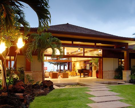 Tropical Entry Design, Pictures, Remodel, Decor and Ideas - page 2 Tropical Beach Houses, Tropical House Design, Hawaiian Homes, Bali House, Beach House Exterior, Rest House, Hawaii Homes, Tiki Torches, Tropical House