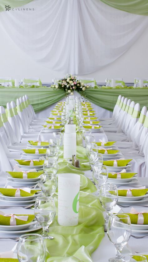 Long rectangular wedding reception table with apple green chiffon table runners and napkins | green wedding theme, green wedding colors, lime green wedding, light green wedding, spring green wedding, bright green wedding, green wedding palette, green wedding centerpieces, rustic green wedding, shades of green wedding, green wedding decorations, green wedding party, green wedding reception, fall green wedding, summer green wedding, green wedding ideas, green wedding table decor, diy green wedding Wedding Palette Green, Fabric Diy Ideas, Green Wedding Decor Ideas, Fall Green Wedding, Wedding Light Green, Lime Green Wedding Theme, Green Wedding Palette, Rustic Green Wedding, Fabric Bridal Bouquet