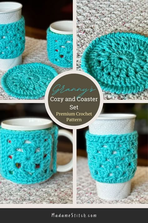 Show your favorite coffee mug all the love and keep your coffee piping hot whether you’re at home or out and about. Granny’s Cozy and Coaster Set includes a mug hug with loops for a snug fit around your coffee mug. Or, slip the cup cozy on your travel cup to protect your fingers from the heat. Then, keep those delicate tabletop surfaces free from damage with the matching coaster. The crochet pattern for the mug hug is free on the blog. The premium PDF includes the entire set. #grannysquaresrock Coffee Cup Sleeve Crochet Pattern, Crochet Mug Coasters Free Pattern, Coffee Mug Coozie Crochet, Mug Hugs Crochet Free Pattern, Crochet Mug Hug, Cup Cozies Crochet, Crochet Cup Coaster Pattern, Crochet Mug Cozy Free Pattern Coffee & Tea Cups, Granny Square Mug Cozy