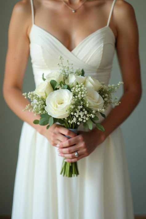 bridesmaid bouquet white green Simple Diy Bridal Bouquet, Flowers For Sage Green Wedding, Wedding Bouquet White Green, Green And White Bouquets, Wedding Bouquet Lily Of The Valley, Wedding Flowers Bouquet Simple, Small White Wedding Bouquets, Baby Breath Bridesmaid Bouquet, Green And White Wedding Florals