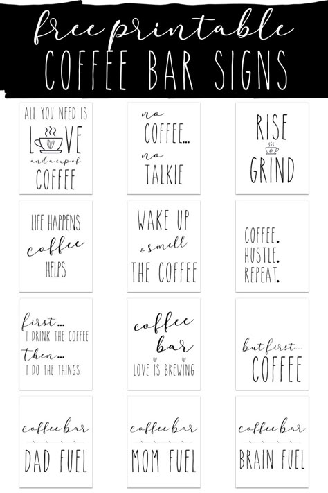 Create a functional, yet pretty coffee bar in your home using decor and any of these 12 FREE PRINTABLE Rae Dunn inspired Coffee Bar Signs. #CoffeeBar #HomeDecor #FreePrintableSigns #PrintableDecorSigns #CoffeeBarSign #CoffeeBarSigns #PrintableCoffeeBarSign #PrintableCoffeeBarSigns #RaeDunnSigns #RaeDunn via @xtremecouponmom Printable Coffee Signs Free, Rae Dunn Printable Free, Free Coffee Bar Printables, Coffee Bar Svg Free, Free Printable Coffee Bar Signs, Coffee Bar Supplies, Free Coffee Printables, Coffee Bar Sayings, Coffee Bar Signs Printable