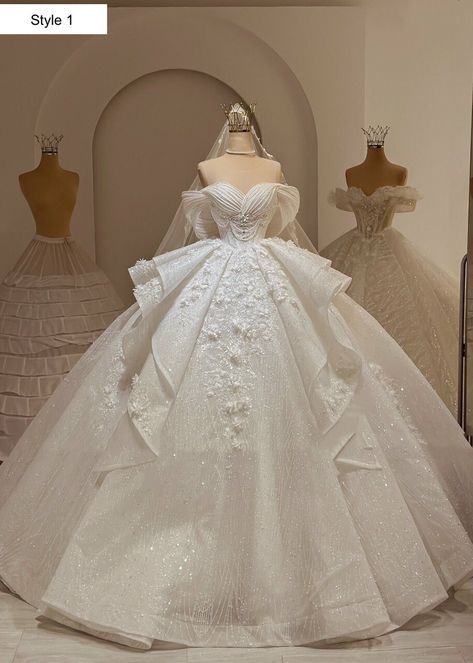 Aesthetic Bride Dress, Wedding Dresses Gold And White, Wedding Dresses On Mannequins, Wedding Dresses Big Poofy Princesses, Off Shoulder Ball Gown Wedding Dress, Off The Shoulder Wedding Dress Ball Gown, Vivian Westwood Wedding Dress Runway, Poofy Wedding Dress Princesses, 50s Wedding Dress Vintage