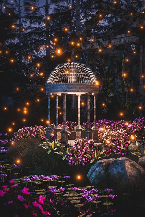 Fireflies At Night Aesthetic, Light Garden Ideas Night, Royal Garden Aesthetic Night, Secret Garden Aesthetic Night, Romantic Garden Night, Garden At Night Aesthetic, Night Garden Aesthetic, Forest Gazebo, Night Garden Wedding