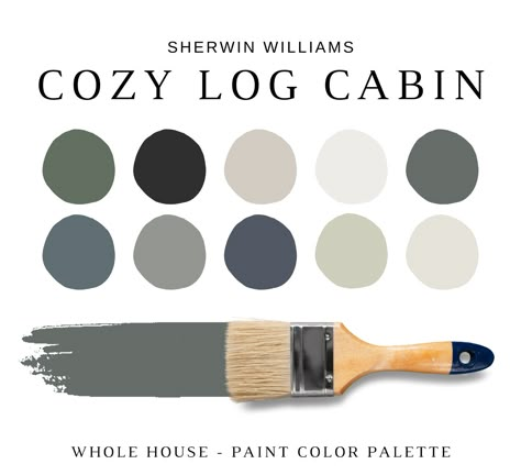 LOG CABIN Sherwin Williams Paint Palette, Log Cabin Paint Colors, Lake Neutrals, Modern Rustic, Cabin Color Palette, Nature-inspired Colors - Etsy Exterior Cabin Colors Paint, Mountain Pine Paint Color, Cabin Interior Stain Colors, Cabin Wall Color Ideas, Paint Colors For Mountain Home, Knotty Pine Color Palette, Grey Walls With Brown Trim, Juniper Paint Color, Rustic Winter Cabin