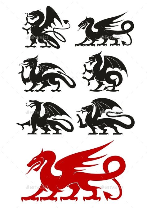 Medieval Black Heraldic Dragons Animals - Monsters Characters Black And Red Icons, Medieval Symbols, Dragon Medieval, Medieval Pattern, Heraldry Design, Medieval Decor, Medieval Dragon, Dragon Icon, Red Icons