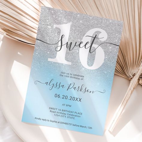 Silver glitter ice blue chic girly Sweet 16 Invitation Girly Sweet 16, Sweet Sixteen Party Themes, Sweet 16 Winter Wonderland, Sweet 16 Winter, Cinderella Sweet 16, Wonderland Sweet 16, Blue Sweet 16, Blue Birthday Parties, 80th Birthday Invitations