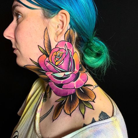 Color Neck Tattoos Women, Neck And Chest Tattoos For Women, Kneck Tattoos, Coloured Rose Tattoo, Rose Neck Tattoo, Cover Up Tattoo Ideas, Up Tattoo Ideas, Plant Tattoos, Botanical Tattoos