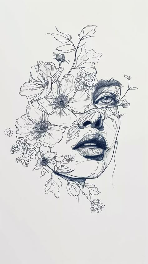 💫🎨Get Best Midjourney Prompts - Follow Link in my Bio🎉🔗 Drawing Of A Woman, Pen Art Work, Woman With Flowers, Pencil Sketch Images, Desenho Tattoo, Arte Inspo, Art Et Illustration, Art Drawings Sketches Creative, Art Inspiration Painting