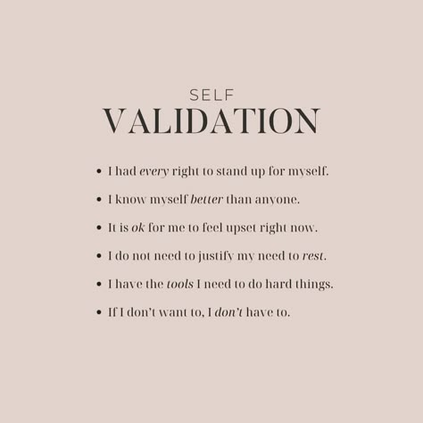 Self-validation 🌟 Self-validation is about recognizing and affirming your own feelings, achievements, and worth without relying on external approval. It's about trusting your instincts, honoring your experiences, and believing in your abilities. By practicing self-validation, you build a solid foundation of self-confidence and resilience, enabling you to navigate life's challenges with inner strength. #SelfValidation #InnerConfidence #TrustYourself #OwnYourWorth #InnerStrength Self Validating Affirmations, What Is Validation, Motivation For Self Confidence, Make Validation, Affirmation Self Worth, Self Confident Affirmations, How To Self Validate, How To Feel Confident About Yourself, Validating Yourself