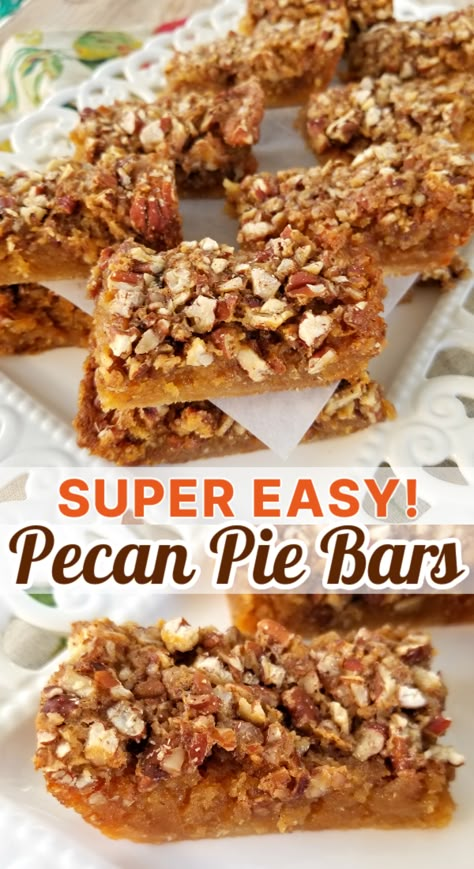 All the fabulous flavor of pecan pie in a chewy, gooey bar recipe made easy with a cake mix base. Cake Mix Pecan Bars, Pecan Squares Recipe Easy, Pecan Cookie Bar Cake, Easy Pecan Bars Recipe, Easy Pecan Pie Bars Cake Mixes, Pecan Bars With Graham Crackers, Pecan Pie Bars Recipe Easy, Ooey Gooey Pecan Pie Bars, Easy Pecan Bars Simple