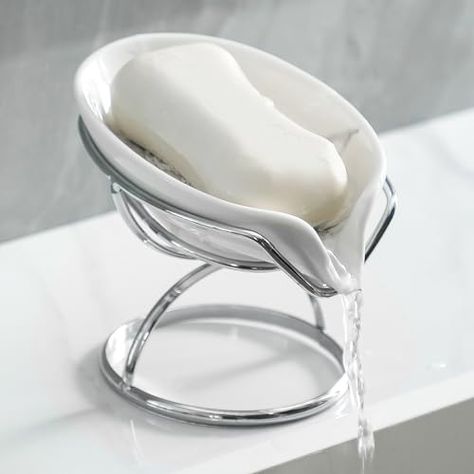 Dobbyby Leaf-Shaped Soap Dish – Premium Ceramic Soap Bar Holder with Self-Drainage System – Bar Soap Holder for Shower, Bathroom Sink, Kitchen – Waterfall Soap Dish with Stainless Steel Stand (SLIVER) Soap Bar Holder, Bar Soap Holder, Bar Tray, Bathroom Decor Luxury, Sink Kitchen, Shower Soap, Shower Bathroom, Ceramic Soap Dish, Soap Saver