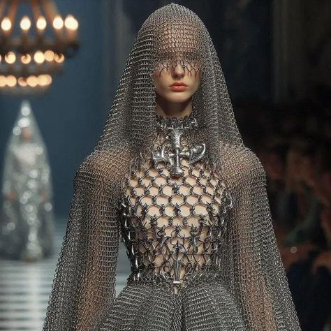 Armor Inspired Fashion, Chainmail Armor Art, Female Chainmail Armor, Renfair Outfits, Chainmail Headdress, Chainmail Outfit, Chainmail Fashion, Chain Mail Dress, Armor Outfit