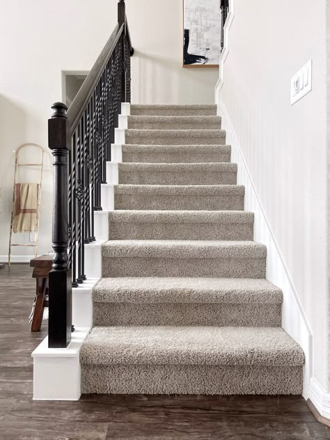 Carpet Stairs With Hardwood Floors, Carpet Steps With Hardwood Floors, Accent Carpet Stairs, Stairway With Carpet, Flooring On Stairs Ideas, Carpet On Basement Stairs, Painting Carpeted Stairs, Wood Floors Carpet Stairs, Partial Carpet Stairs