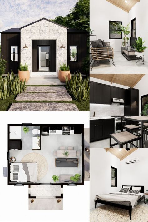 Modern Guest House ADU Plans with a California vibe. Guest House Apartment, 1 Bed Guest House, Modern Tiny House Layout, Guest House Plans With Garage, Guest House Entrance, Adu Designs Modern Interior, Small Modern Guest House, Adu In Backyard, Modern Farmhouse Guest House