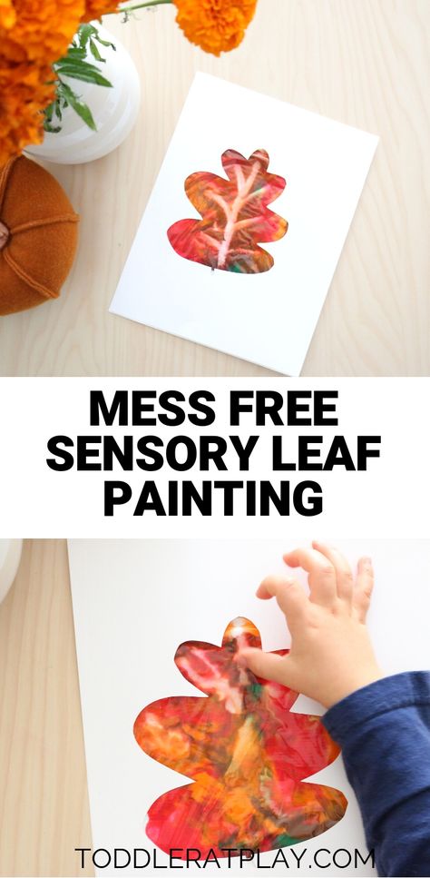 Well I’m sharing with you this super easy and exciting Mess Free Sensory Leaf Painting activity! It’s fairly quick to prep, no fancy materials (though it looks fancy for sure) and kids will have a blast using their fingers to spread the paint making a beautiful, festive Autumn Leaf!  #messfreeactivity #messfreepainting #fallactivity #fallcrafts Sensory Activities No Mess, Fall Leaves Crafts For Infants, Fall Leaf Sensory Bin, Mess Free Finger Painting, Leaf Art Toddlers, Leaf Activities For Toddlers, Preschool Painting Activities, Fall Activities For Infants, Leaf Painting