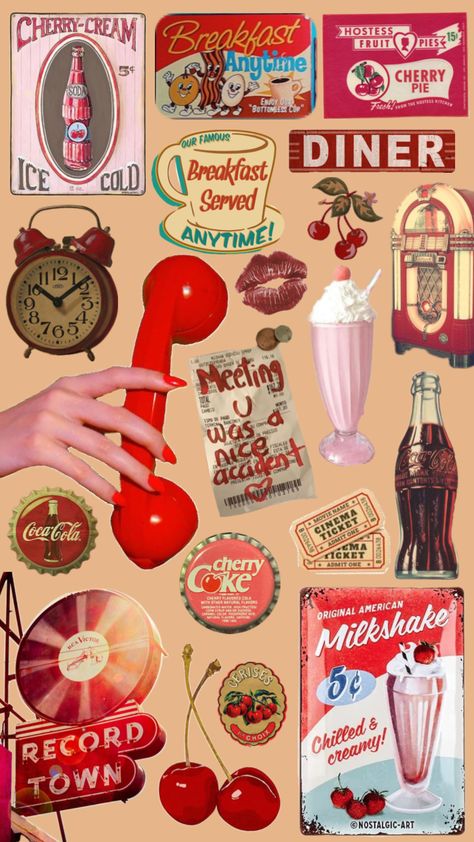 #red #retro #diner 1950 Diner Aesthetic, Red Pink Aesthetic Vintage, 50s Red Aesthetic, Retro Americana Aesthetic, 50s Branding, 80s Diner Aesthetic, 50’s Diner, 1950s Diner Party, Grease Moodboard