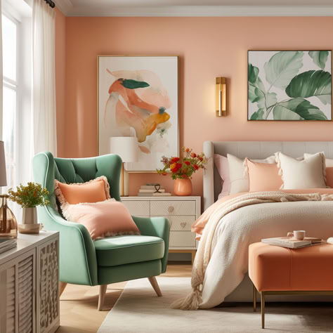 Positioned in a warm zone between pink and orange, peach is an attractive color worth incorporating into your home design. Thanks to being named after a fruit, the color is fairly easy to recognize. It evokes a sense of happiness and carefree style which suits many interior decor styles. Although the cutesy nature of peach […] Tan And Peach Bedroom Ideas, White Room With Accent Color, Coral House Decor, Peach And Beige Bedroom, Peach Guest Bedroom, Peach And Gold Bedroom, Peach Accent Wall Bedroom, Peach Boho Bedroom, Colors That Go With Peach