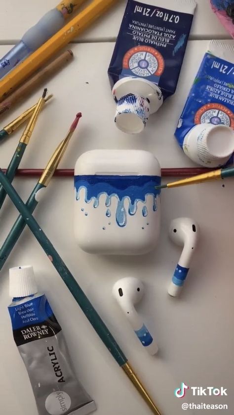 @thaiteason Airpods with Water Detail - Air Pod Case Painting Diy, Charger Art, Case Painting, Phone Case Diy Paint, Posca Marker, Cases Diy, Simple Acrylic Paintings, Detailed Drawings, Easy Diy Art