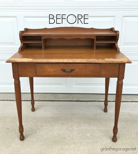 Mismatched vintage chair and desk makeover - by Girl in the Garage Antique Writing Desk Makeover, Small Desk Makeover, Refinishing Desk, Vintage Study Desk, Painted Antique Desk, Antique Desk Makeover, Small Antique Desk, Vintage Desk Makeover, Girls Desk Chair