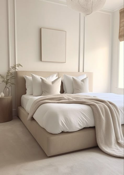 Bedroom Neutral Inspiration, Cream Decor Bedroom, Luxury Cream Bedroom, Beige Bed Bedroom Ideas, Beige Modern Bedroom, Masterbedroom Neutral, Bedroom Cosy, Beige Room, Neutral Bedroom Decor