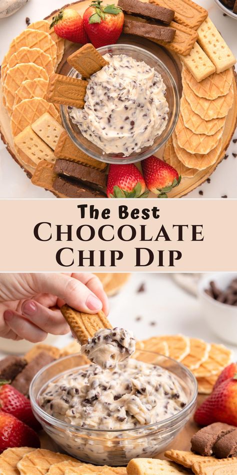 chocolate chip dip in a serving bowl and with a cookie. Sweet Crockpot Dip, Dips And Desserts Party, Good Finger Food Desserts, Chocolate Chip Fruit Dip, Chocolate Chip Dip With Graham Crackers, Game Day Dessert Dips, Desert Dip Charcuterie Board, Chocolate Chip Cookie Dip Recipe, Holiday Chips And Dip