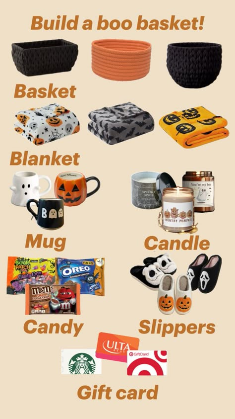 Fall Self Care Gift Basket, All Things Fall And Halloween, Halloween Boo Basket Ideas For Boyfriend Diy, Boo'd Basket Ideas, Cute Boo Baskets For Boyfriend, Stuff To Put In A Boo Basket, Boo Basket Idea For Boyfriend, Boo Baskets Aesthetic, Falling For You Gift Basket