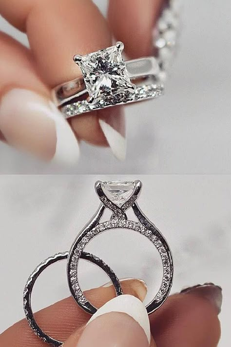 Engagement Rings Pave Band, Engagement Rings Pave, Pave Band Engagement Ring, Best Wedding Rings, Blue Diamond Engagement Ring, Ring Cuts, Engagement Rings Princess, Diamond Ring Princess Cut, Princess Cut Engagement