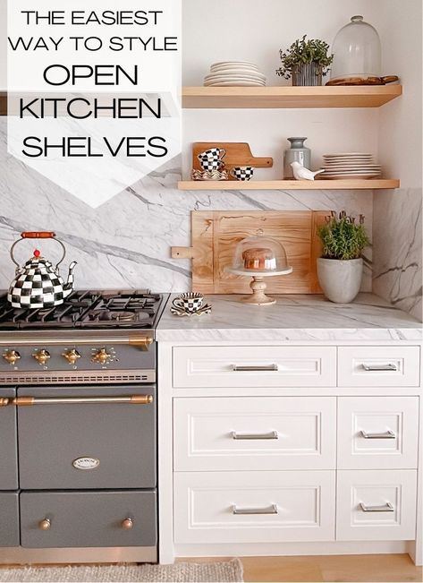 How to style open kitchen shelves. Easy ways to style open kitchen shelves. How To Decorate Open Kitchen Shelves, How To Style Kitchen Shelves, How To Style Open Kitchen Shelves, Styling Open Kitchen Shelves, How To Decorate Kitchen Shelves, Farmhouse Kitchen Design Ideas, Sanctuary Home Decor, Bright Home Decor, Sanctuary Home