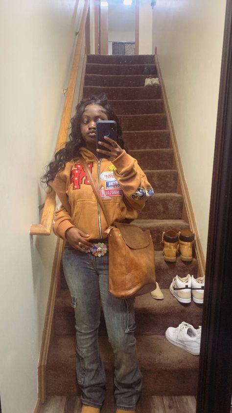 #timbs #fashion #inspo  #blackgirl Beef And Broccoli Timberlands Outfits Women, Brown Yeezy Boots Outfit, Supreme Forces Outfit, Outfit Ideas Timberland Boots, Woman Timberland Boots Outfit, Timbs Outfits Women Fall, Tim Boots Women Outfit, Skirt And Timbs Outfit, Balenciaga Croc Boots Outfit