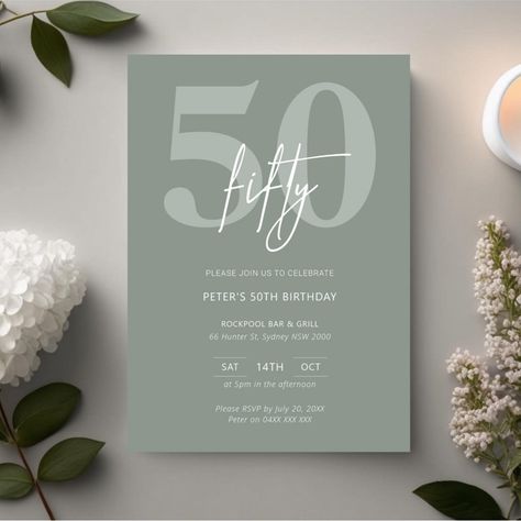 Invitation Card Design For 50th Birthday, Minimalistic Birthday Invitation, Green Birthday Invitations, Sage Green Birthday Invitation Template, Green Birthday Invitation Template, Sage Background, Modern Birthday Party, 50th Birthday Party Invitations, Minimalist Typography