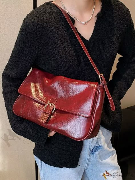 Bird in Bag - Leather Shoulder Bag with Decorative Buckle and Square Flap Casual Sling Bag, Handbag Sewing, Vintage Messenger Bag, Burgundy Bag, Simple Tote, Nylon Handbag, Vintage Models, Types Of Bag, Sewing Thread