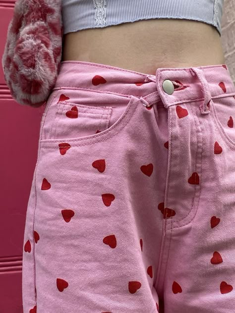 Pink Jeans With Hearts, Red Heart Jeans, Pink Dress With Red Hearts, Barbie Wardrobe Aesthetic, Heart Themed Outfits Aesthetic, Pink Red Outfit Aesthetic, Lovecore Outfit Male, Red And Pink Fashion, Heart Core Outfits