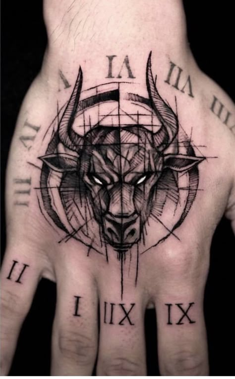 Men's Tattoo Ideas, Taurus Symbol Tattoo, Taurus Bull Tattoos, Tattoo Main, Herren Hand Tattoos, Back Of Leg Tattoos, Fierce Tattoo, Bull Skull Tattoos, Men's Tattoo