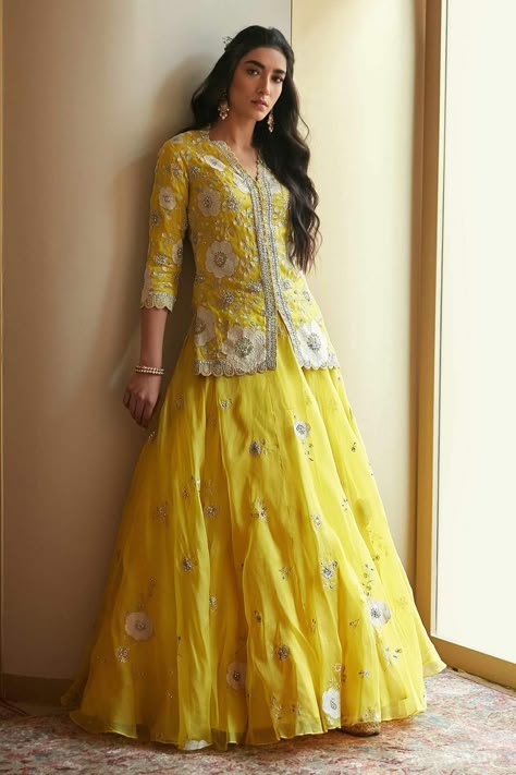 Buy Yellow Organza Silk V Neck Hand Embroidered Kurta Lehenga Set For Women by Osaa by Adarsh Online at Aza Fashions. Haldi Function, Long Blouse Designs, Kurta Lehenga, Function Dresses, Lehenga Designs Simple, Gaun Fashion, Long Dress Design, Indian Gowns Dresses, Designer Party Wear Dresses