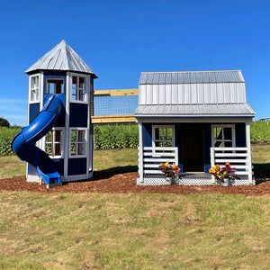 The perfect barn playhouse for the child who loves farm life. This 2 story, 327ft² child's barn plan includes a front porch, attached silo & slide opening! One of our most popular designs. Download⬇ this plan and start your family's next DIY project! Silo Playhouse, Barn Playhouse, Playhouse Plan, Land Ideas, Barn Plan, Play Area Backyard, Playhouse Plans, Backyard Kids Play Area, Backyard Playhouse