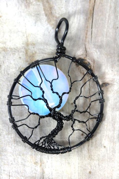 This Celestial Jewelry, Halloween inspired Full Moon Tree of Life Pendant features a beautiful Opalite Rainbow Moonstone moon peeking out between wire wrapped bare tree branches.  The Tree of Life is a concept thats been featured in myth, story and legend literally all around the world. Since Wire Tree Necklace, Moon Tree Of Life, Sea Opal, Moon Tree, Lunar Moon, Moon Eclipse, Bodhi Tree, Bijoux Fil Aluminium, Bare Tree