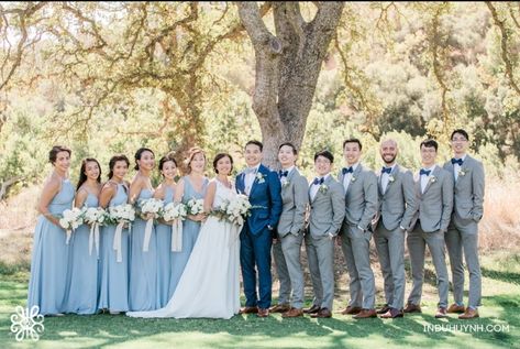 Groom Wearing Different Color Than Groomsmen, Light Blue And Grey Bridal Party, Blue Groom Gray Groomsmen, Dusty Blue Wedding Bridal Party, Light Blue Wedding Bridal Party, Groomsmen Attire And Bridesmaids, Dusty Blue Wedding Theme Groomsmen, Blue Dusty Wedding, Blue Bridal Party Dresses