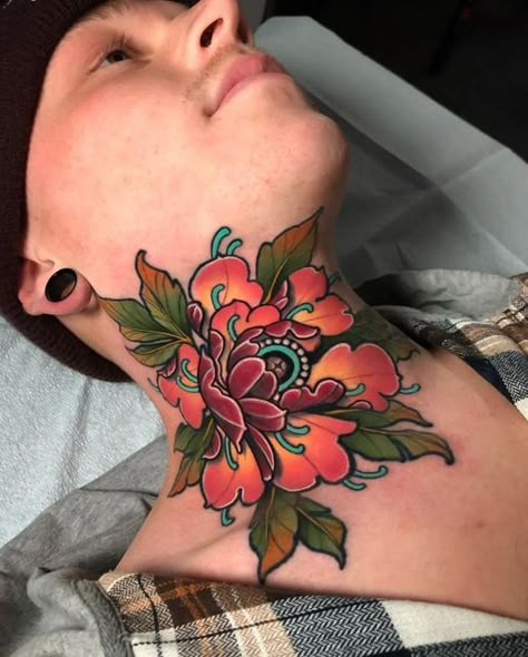 Colored Neck Tattoo, Neotraditional Neck Tattoo, Traditional Flower Neck Tattoo, Neo Traditional Neck Tattoo, Neo Traditional Throat Tattoo, Color Neck Tattoo, Neotraditional Throat Tattoo, Peony Neck Tattoo, Traditional Tattoo Neck