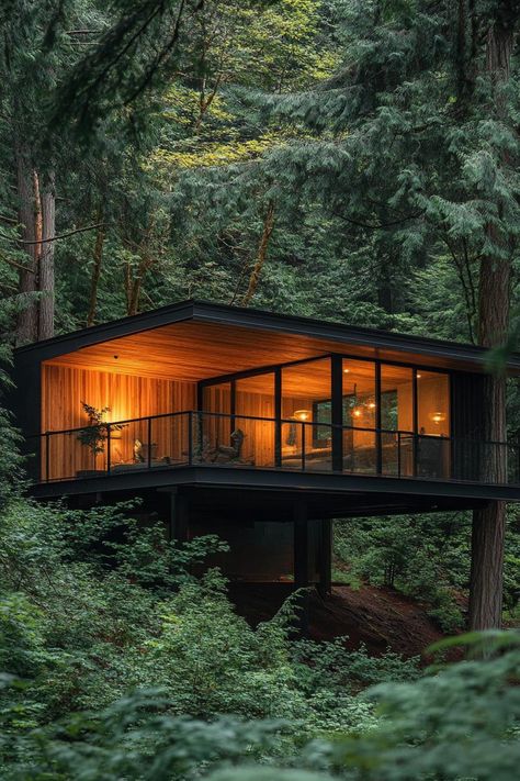 Modern mountain forest cabin on stilts overlooking evergreen treetops of lush forest. View all of these creative and cozy modern mountain homes, from clever layouts to stylish finishes. Get inspiration for your dream home! House On Stilts Ideas, Mountain Side Homes, Forest Modern House, Modern House On Stilts, Tropical Tiny House, Modern Tiny Homes, Modern Camping, Cabin On Stilts, House In Forest