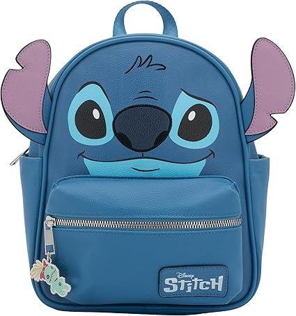 DISNEY Stitch Big Face Mini PU Backpack Purse, Shoulder Bag with Epoxy Filled Metal Scrump Charm, 10.5 Inch, Adjustable Straps, Faux Leather Stitch Backpack, Olive Style, Mini Mochila, Big Face, Disney Bag, Mini Backpack, Stitch Disney, Backpack Purse, Adjustable Straps