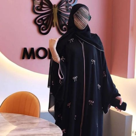 BOW ABAYA available @hidayaa_boutique Bow Abaya Black, Bow Abaya Design, Bow Burkha, Burqa Design Dubai Abaya, Burqa Design Dubai, Burqa Designs Simple, Stylish Abaya Designs, Abayas Designs, Abaya Burkha