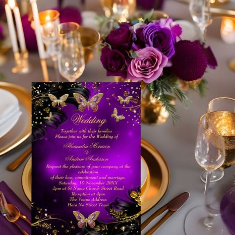 Wedding Sparkle purple Gold Black Butterfly Invitation Womens Conference Ideas, Color Schemes Purple, Purple Teal Wedding, Wedding Color Schemes Purple, Purple Black Wedding, Rooftop Reception, Wedding Suits For Bride, Wedding Invitations Purple, Butterfly Wedding Invitations