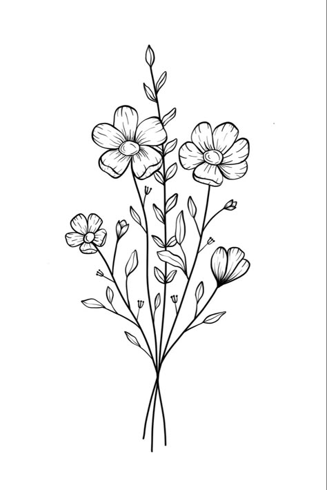 Line art, simple drawing, line art flower art, tattoo flower idea Small Floral Drawing, Cute Floral Designs, Line Drawings Of Flowers Simple, Wild Flower Line Art, Out Line Drawing Images, Simple Floral Line Art, How To Draw Florals, Wedding Flowers Drawing, Line Art Flower Drawings