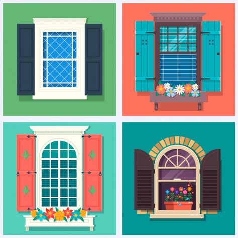 Colorful Windows, Vector Building, House Window Design, Window Illustration, Window Drawing, Building Illustration, Architectural Engineering, Poster Travel, Vector Drawing