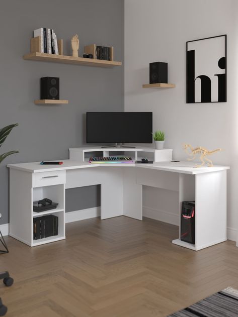 Table For Gaming, Cool Desk Designs, Corner Gaming Desk Setup, Gaming Table Design Pc, Gaming Room Setup Corner Desk, Corner Gamer Desk Ideas, Gaming Setup Corner Desk, Home Computer Desk Ideas, Gaming Corner In Living Room