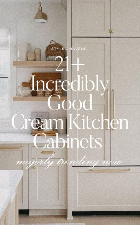 On the hunt for the prettiest kitchen cabinet colors for 2025? If you love modern kitchen decor, these stunning kitchen ideas - beautiful taupe kitchen cabinets & cream kitchen cabinets - are the must-see trend in home decor styles. Biscuit Kitchen Cabinets, Cream Beige Cabinets Kitchen, White Walls And Cream Cabinets, Cream Kitchen With Wood Accents, Funky Kitchen Cabinet Colors, Counter Top Cabinet Kitchen, Dual Cabinet Colors Kitchen, Limewash Oak Cabinets, Mcgee And Co Cabinet Colors